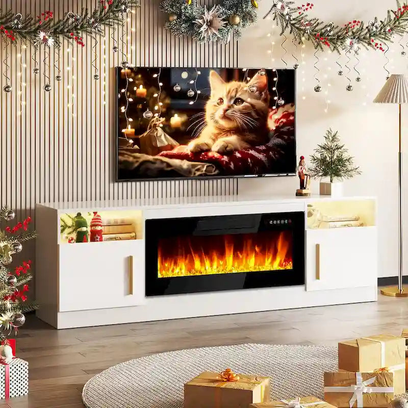 Meuble TV de cheminée de 70 po avec foyer électrique de 36 po et lumières DEL 16 couleurs, noir