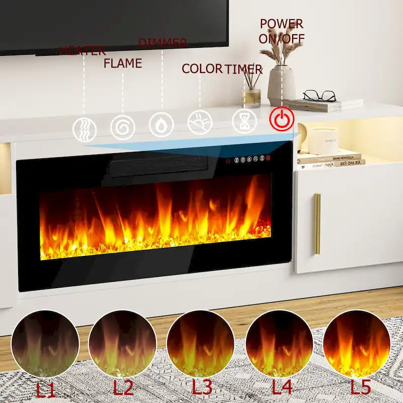 Meuble TV de cheminée de 70 po avec foyer électrique de 36 po et lumières DEL 16 couleurs, noir