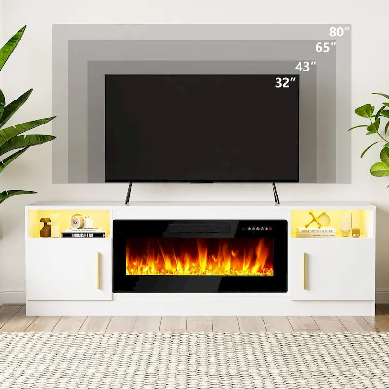 Meuble TV de cheminée de 70 po avec foyer électrique de 36 po et lumières DEL 16 couleurs, noir