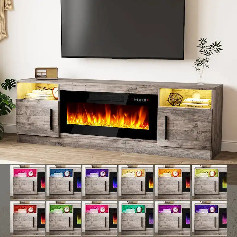 Meuble TV de cheminée de 70 po avec foyer électrique de 36 po et lumières DEL 16 couleurs, noir