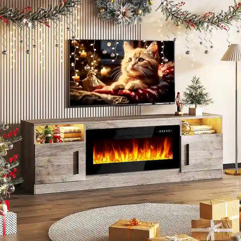 Meuble TV de cheminée de 70 po avec foyer électrique de 36 po et lumières DEL 16 couleurs, noir