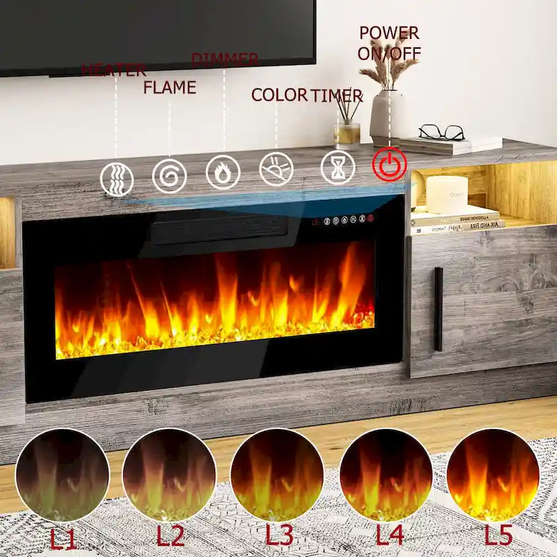 Meuble TV de cheminée de 70 po avec foyer électrique de 36 po et lumières DEL 16 couleurs, noir