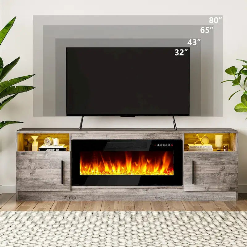 Meuble TV de cheminée de 70 po avec foyer électrique de 36 po et lumières DEL 16 couleurs, noir