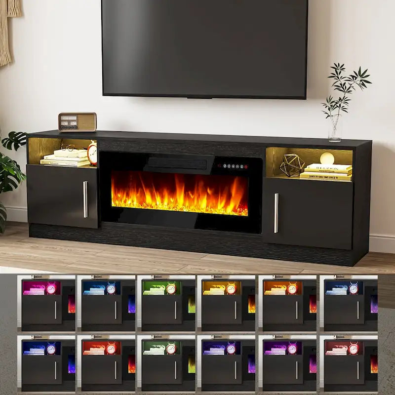 Meuble TV de cheminée de 70 po avec foyer électrique de 36 po et lumières DEL 16 couleurs, noir