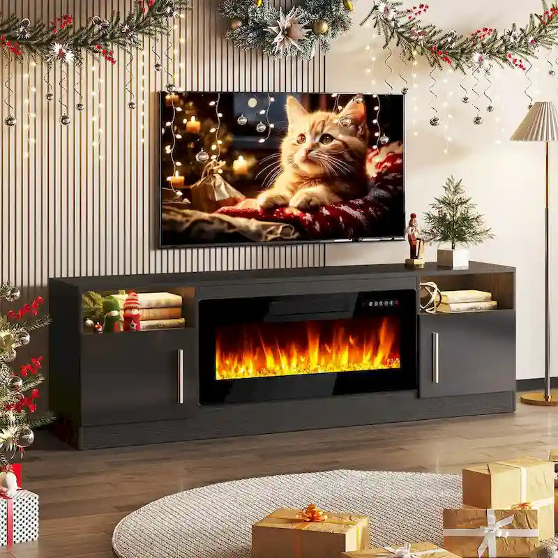 Meuble TV de cheminée de 70 po avec foyer électrique de 36 po et lumières DEL 16 couleurs, noir