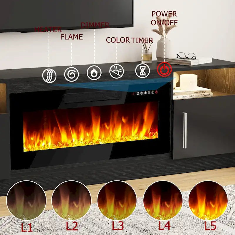 Meuble TV de cheminée de 70 po avec foyer électrique de 36 po et lumières DEL 16 couleurs, noir