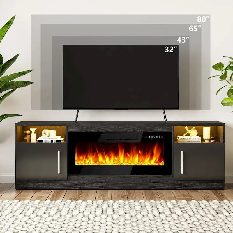 Meuble TV de cheminée de 70 po avec foyer électrique de 36 po et lumières DEL 16 couleurs, noir
