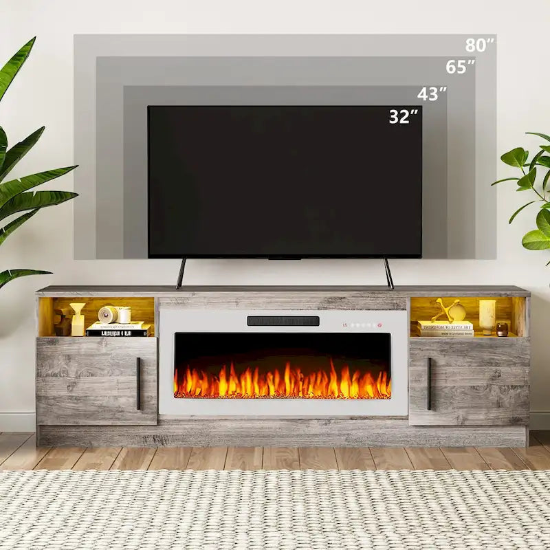 Meuble TV de cheminée de 70 po avec foyer électrique de 36 po et lumières DEL 16 couleurs, noir