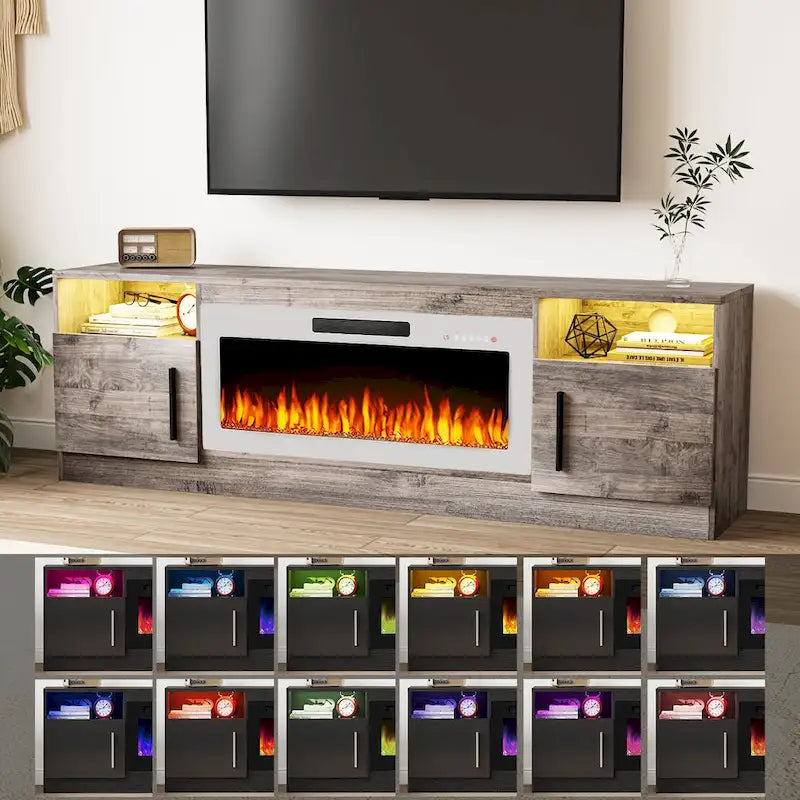 Meuble TV de cheminée de 70 po avec foyer électrique de 36 po et lumières DEL 16 couleurs, noir