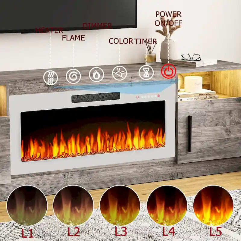 Meuble TV de cheminée de 70 po avec foyer électrique de 36 po et lumières DEL 16 couleurs, noir