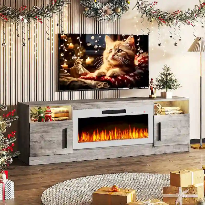 Meuble TV de cheminée de 70 po avec foyer électrique de 36 po et lumières DEL 16 couleurs, noir