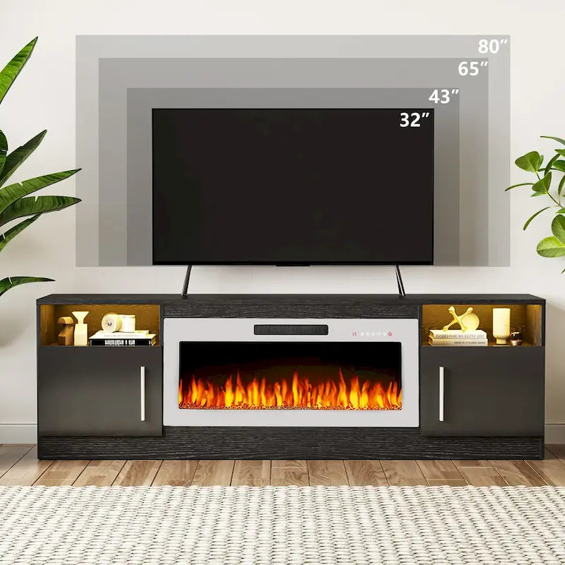 Meuble TV de cheminée de 70 po avec foyer électrique de 36 po et lumières DEL 16 couleurs, noir