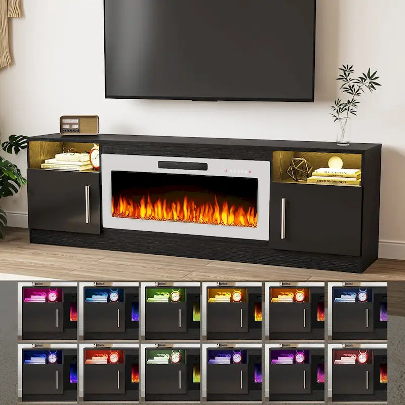 Meuble TV de cheminée de 70 po avec foyer électrique de 36 po et lumières DEL 16 couleurs, noir