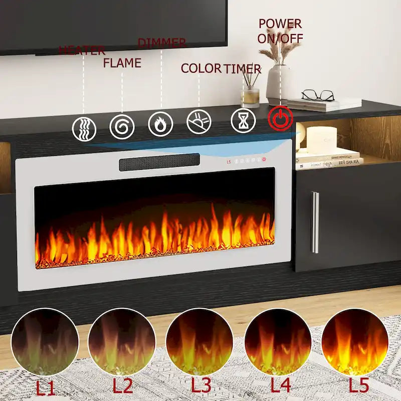 Meuble TV de cheminée de 70 po avec foyer électrique de 36 po et lumières DEL 16 couleurs, noir