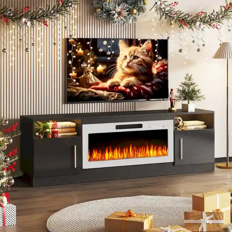 Meuble TV de cheminée de 70 po avec foyer électrique de 36 po et lumières DEL 16 couleurs, noir
