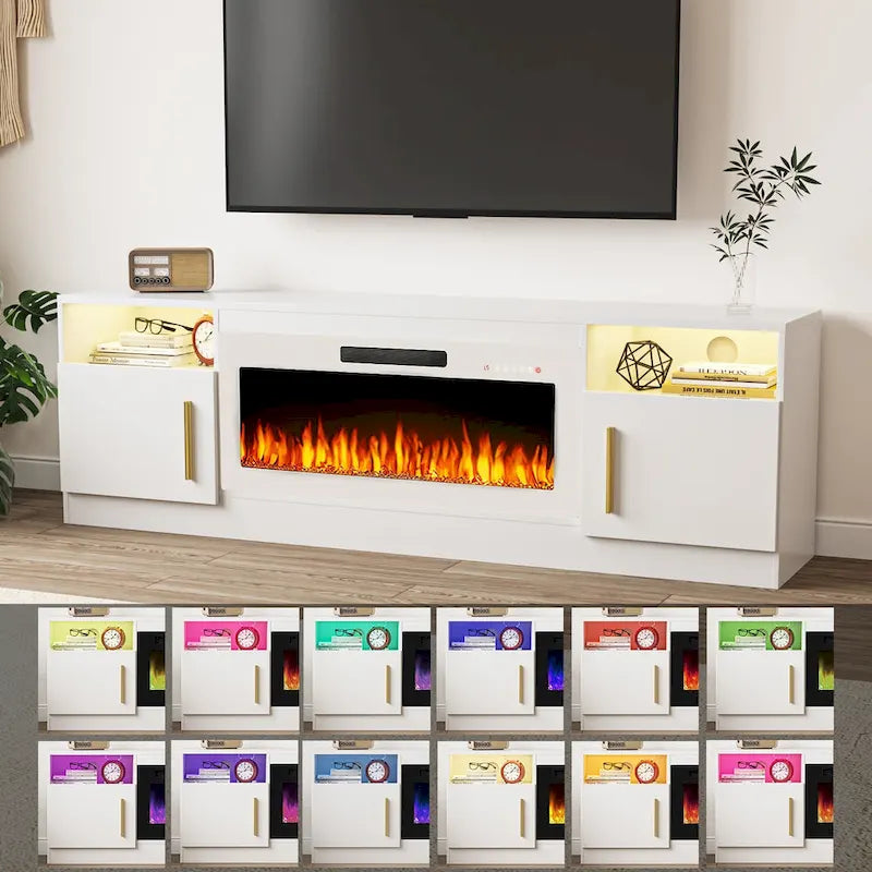 Meuble TV de cheminée de 70 po avec foyer électrique de 36 po et lumières DEL 16 couleurs, noir