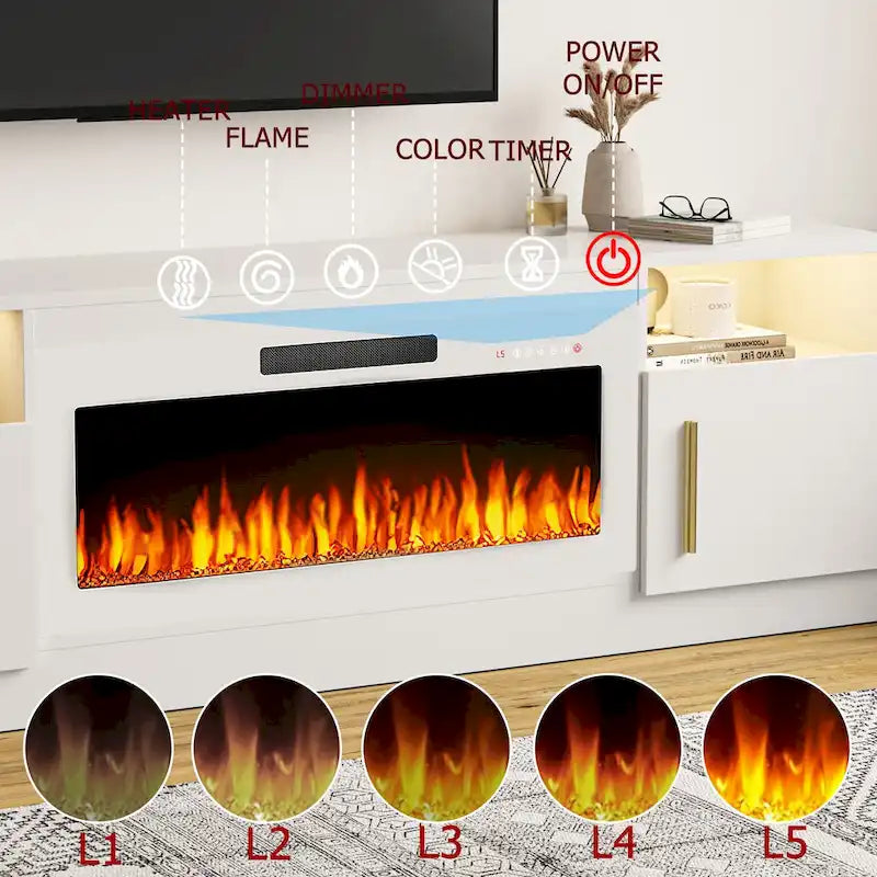 Meuble TV de cheminée de 70 po avec foyer électrique de 36 po et lumières DEL 16 couleurs, noir