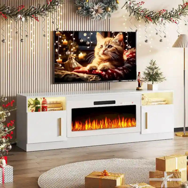 Meuble TV de cheminée de 70 po avec foyer électrique de 36 po et lumières DEL 16 couleurs, noir