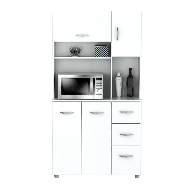 Meuble de rangement de cuisine blanc autoportant avec étagère à micro-ondes et tiroirs