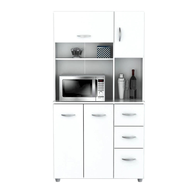 Meuble de rangement de cuisine blanc autoportant avec étagère à micro-ondes et tiroirs