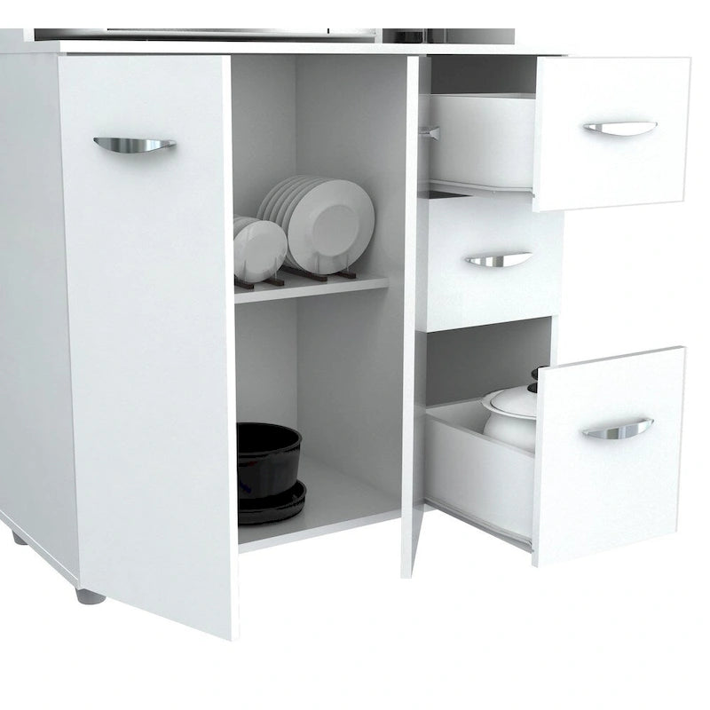 Meuble de rangement de cuisine blanc autoportant avec étagère à micro-ondes et tiroirs
