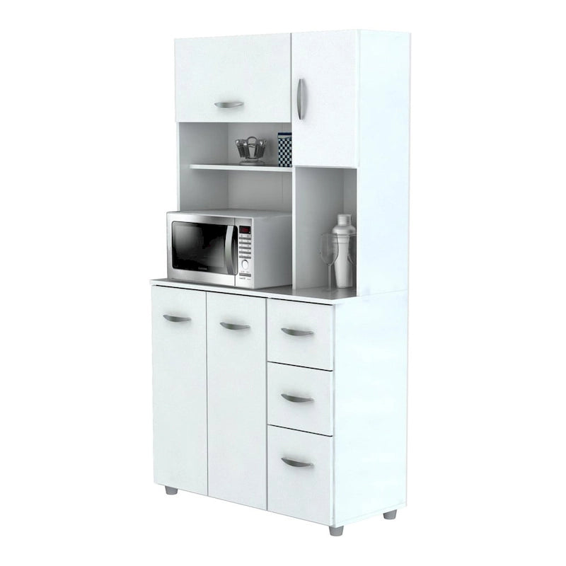 Meuble de rangement de cuisine blanc autoportant avec étagère à micro-ondes et tiroirs