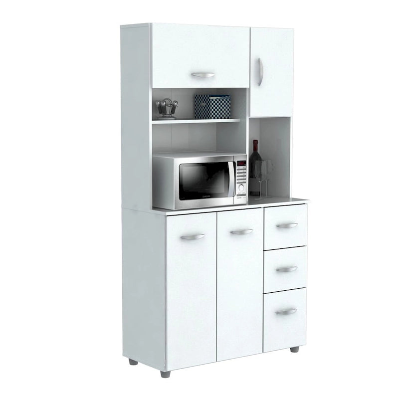 Meuble de rangement de cuisine blanc autoportant avec étagère à micro-ondes et tiroirs