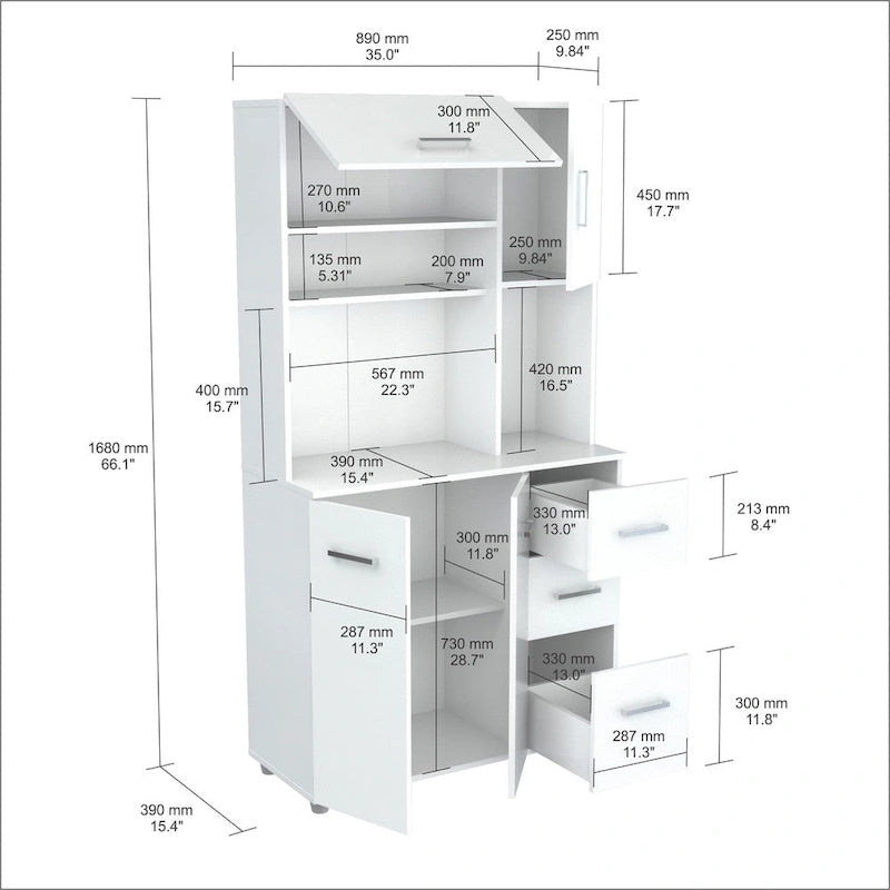 Meuble de rangement de cuisine blanc autoportant avec étagère à micro-ondes et tiroirs