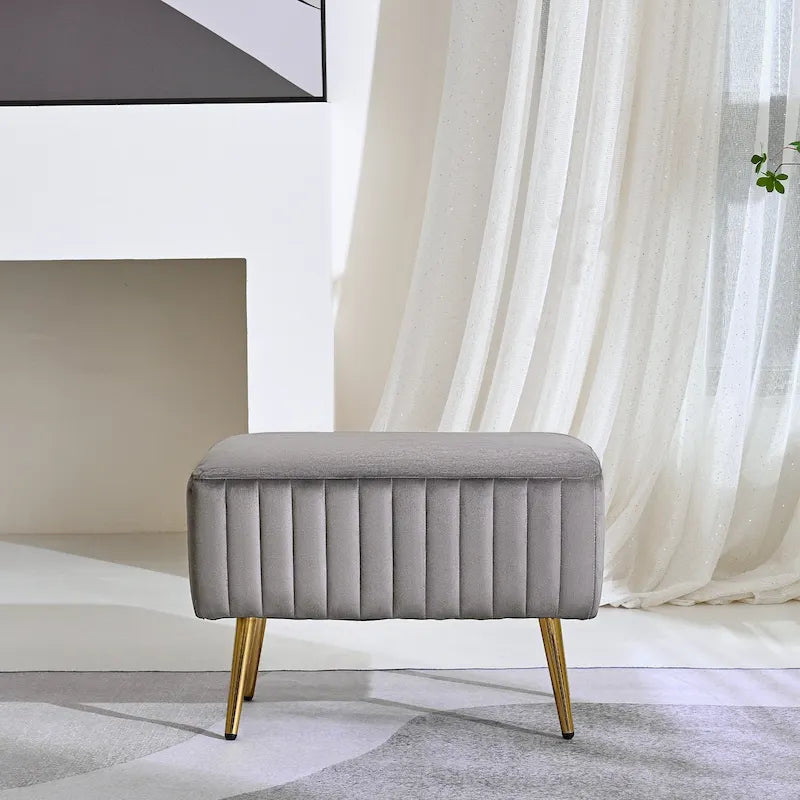 Banc rembourré en velours capitonné moderne avec pieds en métal doré