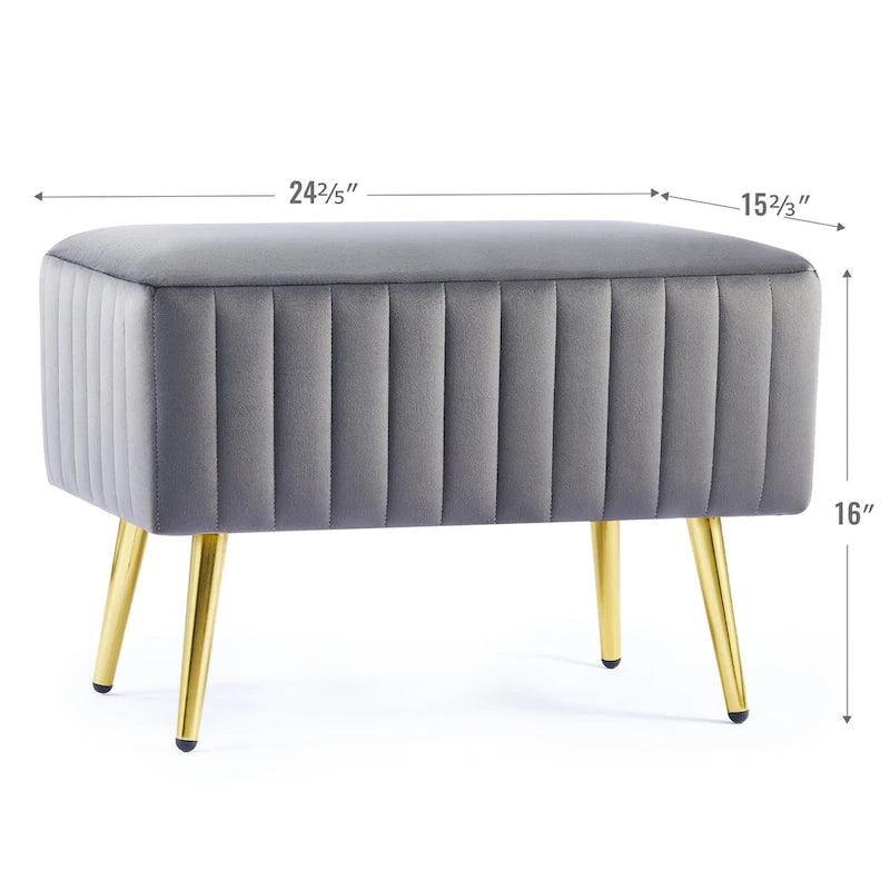 Banc rembourré en velours capitonné moderne avec pieds en métal doré