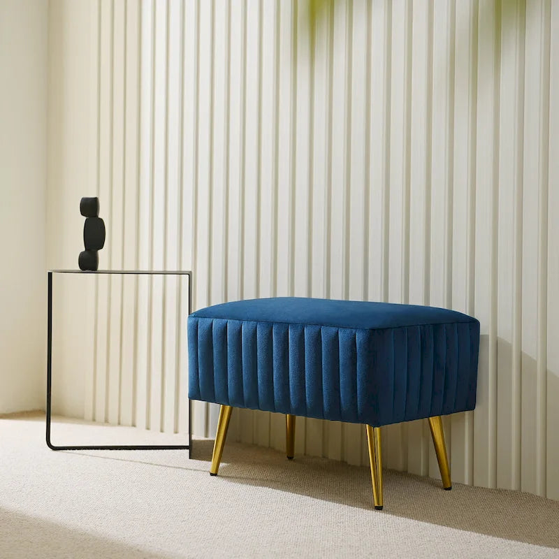 Banc rembourré en velours capitonné moderne avec pieds en métal doré