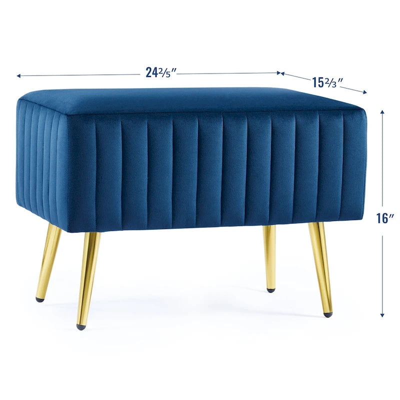 Banc rembourré en velours capitonné moderne avec pieds en métal doré