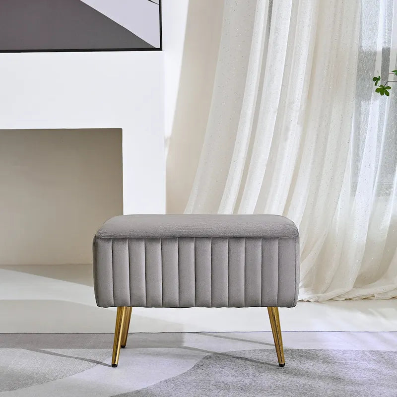 Banc rembourré en velours capitonné moderne avec pieds en métal doré