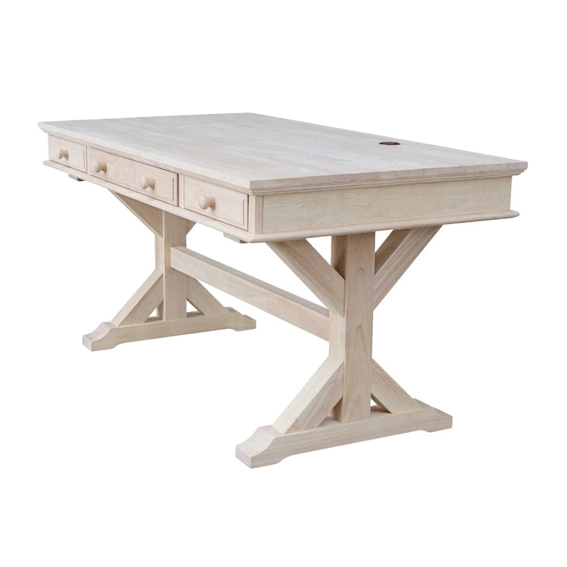 Bureau de direction inachevé en bois massif avec piètement en X et tiroirs