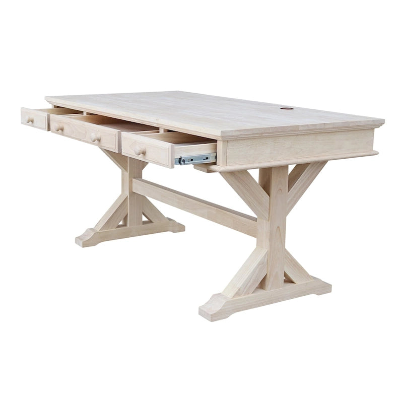 Bureau de direction inachevé en bois massif avec piètement en X et tiroirs