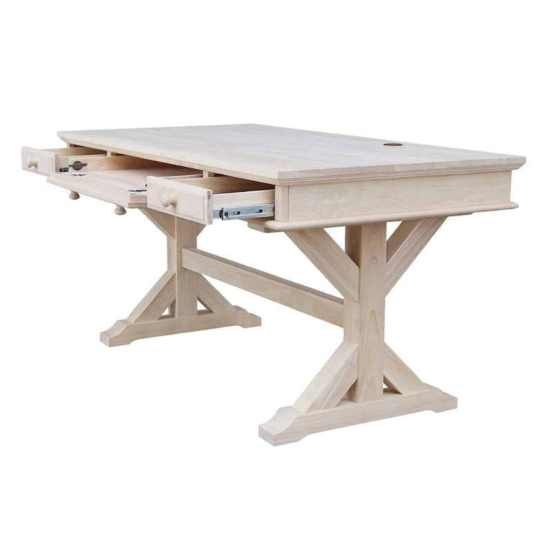 Bureau de direction inachevé en bois massif avec piètement en X et tiroirs