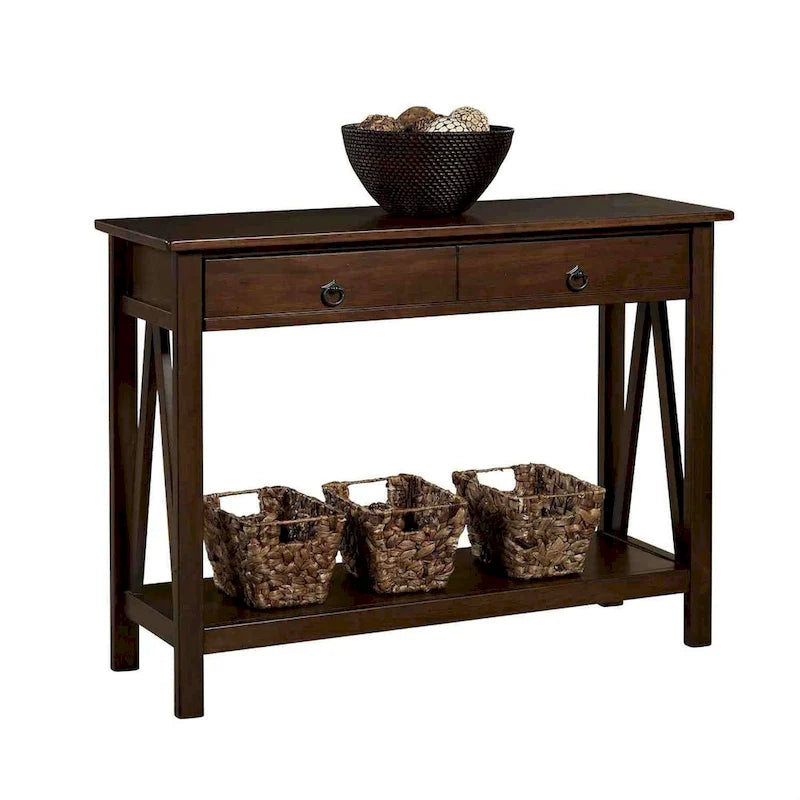 Console-table de canapé à 2 tiroirs avec étagère de rangement et étagère inférieure, finition brun tabac antique