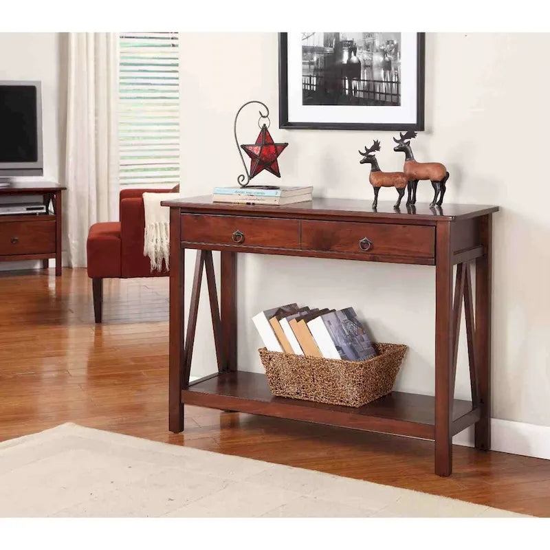 Console-table de canapé à 2 tiroirs avec étagère de rangement et étagère inférieure, finition brun tabac antique