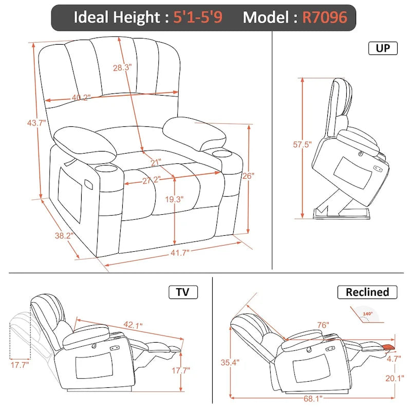 Fauteuil inclinable releveur électrique avec massage, chaleur et siège large Gris