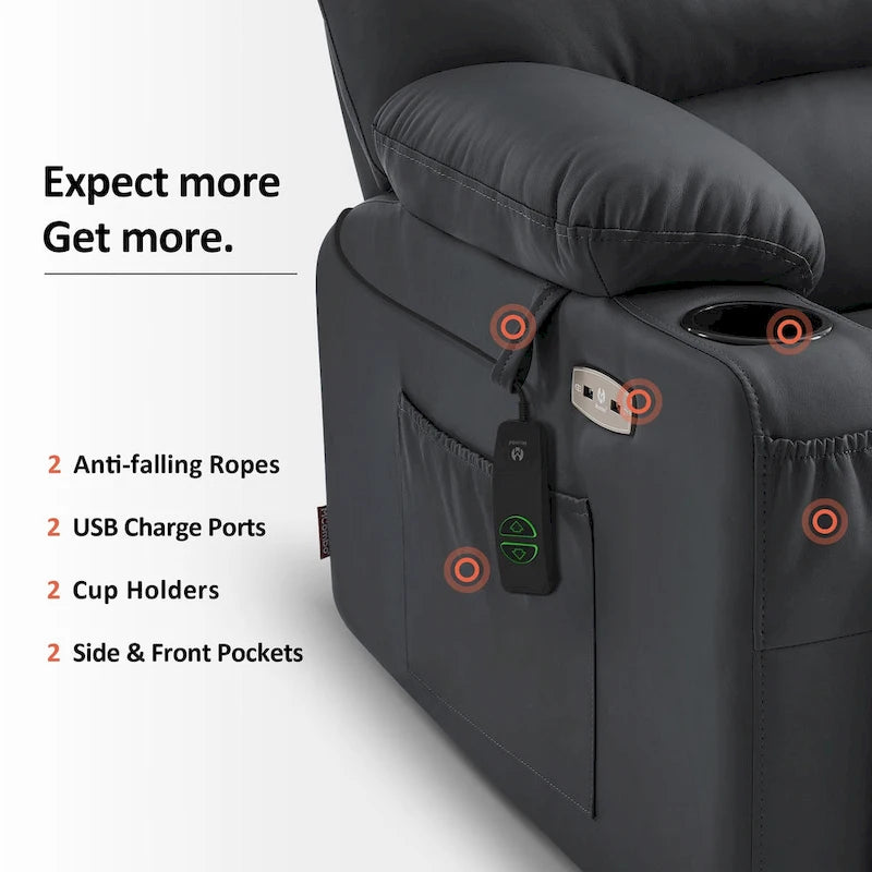 Fauteuil inclinable releveur électrique avec massage, chaleur et siège large Gris