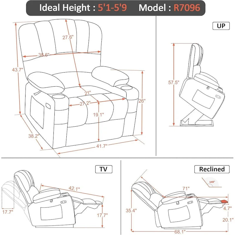 Fauteuil inclinable releveur électrique avec massage, chaleur et siège large Gris