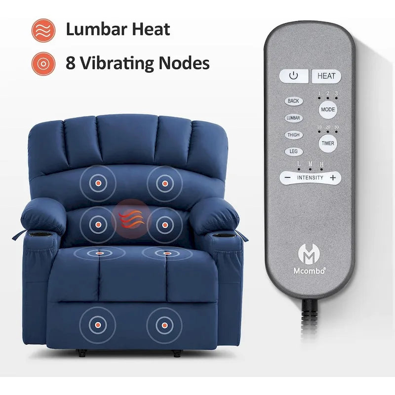 Fauteuil inclinable releveur électrique avec massage, chaleur et siège large Gris