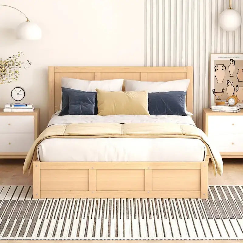 Lit plateforme pleine grandeur en bois naturel avec tiroirs de rangement