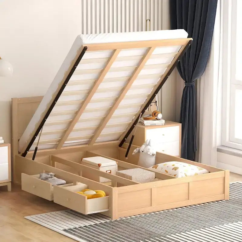 Lit plateforme pleine grandeur en bois naturel avec tiroirs de rangement