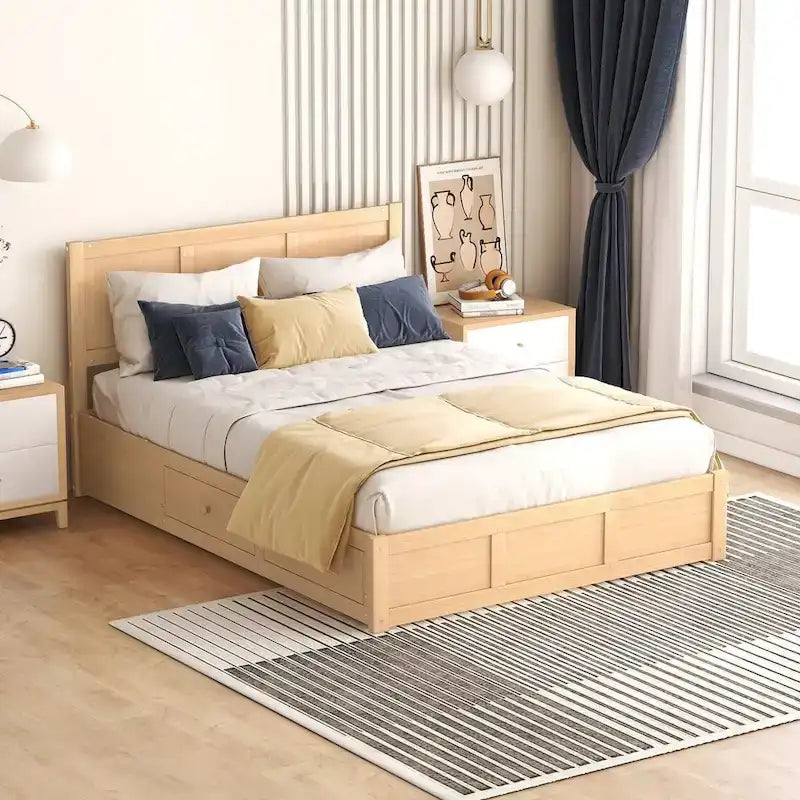 Lit plateforme pleine grandeur en bois naturel avec tiroirs de rangement