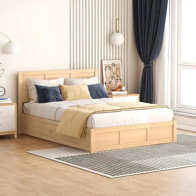 Lit plateforme pleine grandeur en bois naturel avec tiroirs de rangement