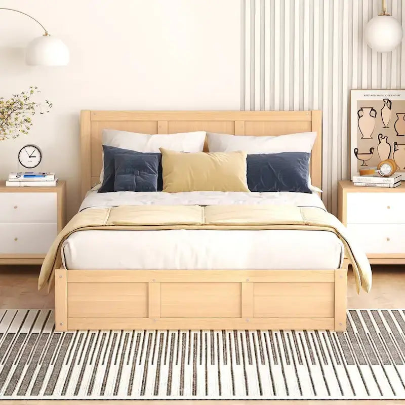 Lit plateforme pleine grandeur en bois naturel avec tiroirs de rangement