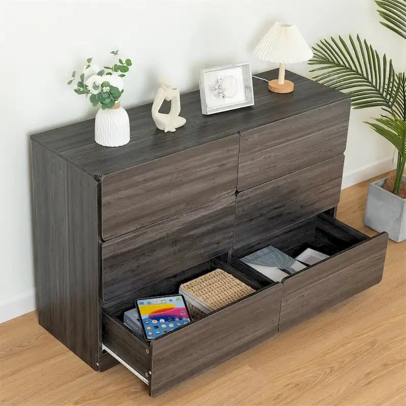 Commode à six tiroirs en bois massif avec espace de rangement Gris clair Gris foncé