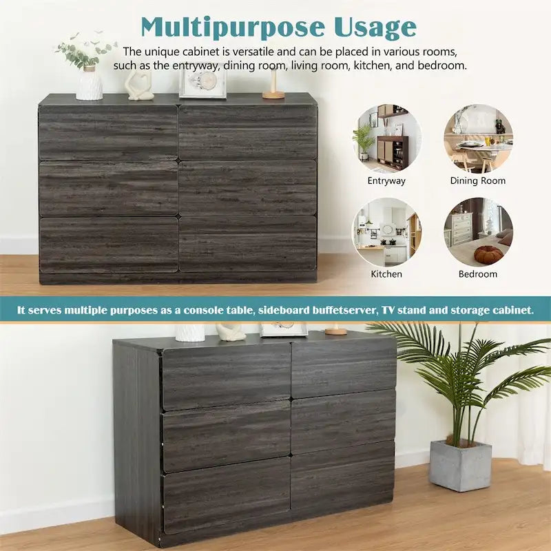 Commode à six tiroirs en bois massif avec espace de rangement Gris clair Gris foncé