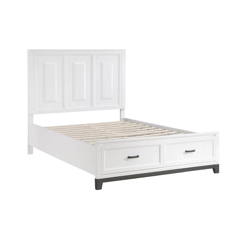 Lit plateforme queen en bois blanc avec 2 tiroirs de rangement, accents métalliques gris